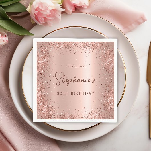 Roos Gold Glitter Folie 30e Verjaardag Monogram Servet
