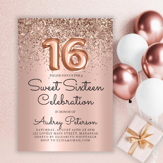 Roos Gold Glitter Folie Balloon Sweet 16th Birthda Kaart