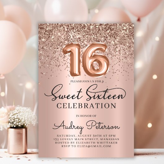 Roos Gold Glitter Folie Balloon Sweet 16th Birthda Kaart