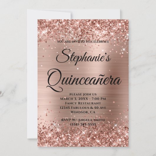 Roos Gold Glitter Folie Fancy Monogram Quinceañera Kaart (Voorkant)