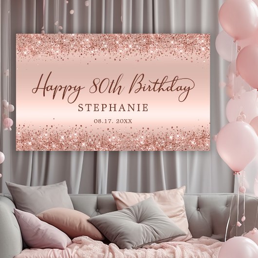 Roos Gold Glitter Folie Happy 80th Birthday Script Spandoek