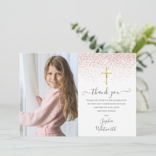 Roos Gold Glitter Foto eerste Heilige Communie Bedankkaart (Staand voorkant)