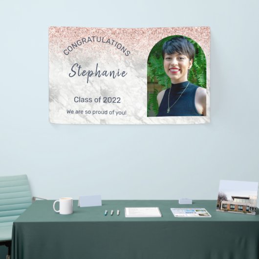 Roos Gold Glitter Foto gefeliciteerd Afstuderen Spandoek (Beurs)