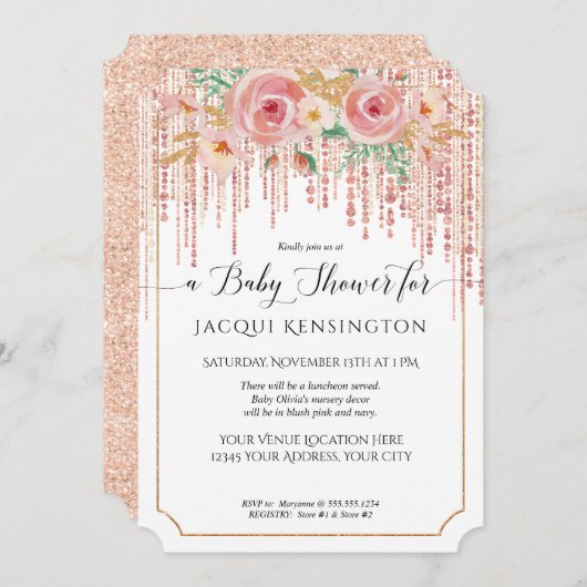 Roos Gold Glitter Fringe Blush Pink Floral Shower Kaart (Voorkant / Achterkant)