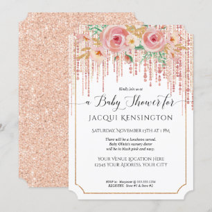 Roos Gold Glitter Fringe Blush Pink Floral Shower Kaart