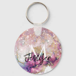 Roos Gold Glitter Galaxy Monogram Aangepaste naam Sleutelhanger