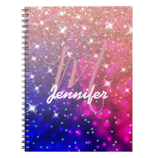 Roos Gold Glitter Galaxy Space Monogram aangepast Notitieboek (Voorkant)