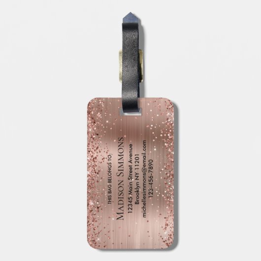 Roos Gold Glitter geborsteld Metaal Monogram Manus Bagagelabel (Achterkant verticaal)