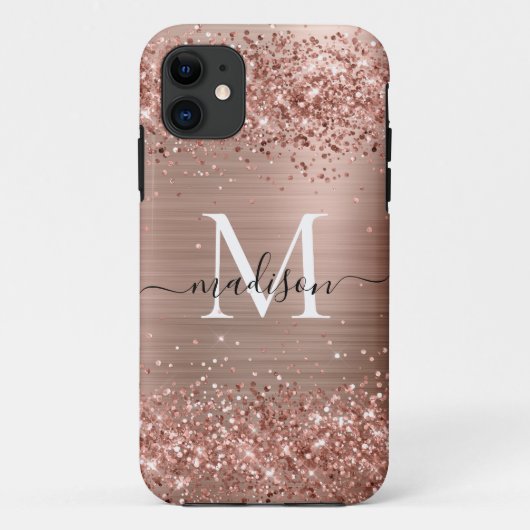 Roos Gold Glitter geborsteld Metaal Monogram Manus Case-Mate iPhone Case (Achterkant)
