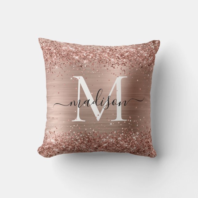 Roos Gold Glitter geborsteld Metaal Monogram Manus Kussen (Voorkant)