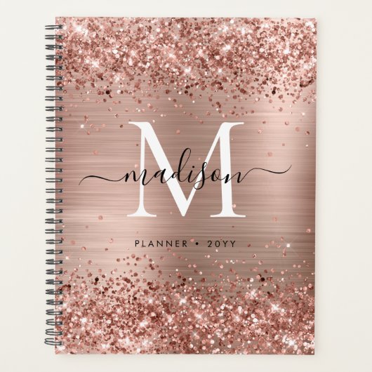 Roos Gold Glitter geborsteld Metaal Monogram Manus Planner (Voorkant)