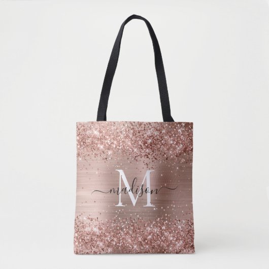 Roos Gold Glitter geborsteld Metaal Monogram Manus Tote Bag (Voorkant)
