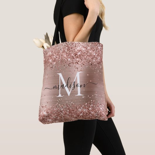 Roos Gold Glitter geborsteld Metaal Monogram Manus Tote Bag (Dichtbij)