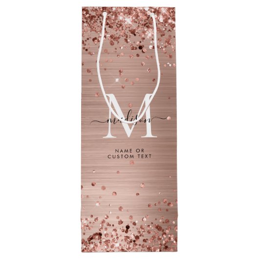 Roos Gold Glitter geborsteld Metaal Monogram Manus Wijn Cadeautas (Achterkant)