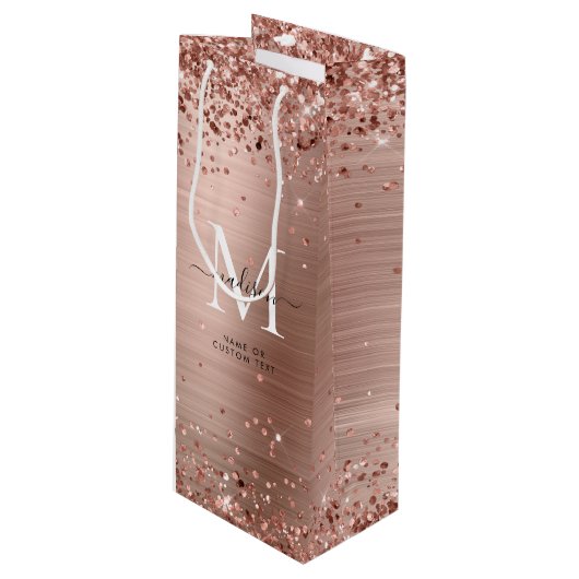 Roos Gold Glitter geborsteld Metaal Monogram Manus Wijn Cadeautas (Voorkant Gekanteld)