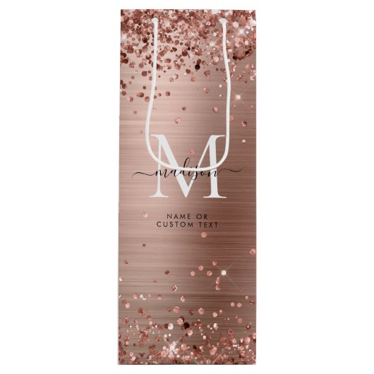 Roos Gold Glitter geborsteld Metaal Monogram Manus Wijn Cadeautas (Voorkant)
