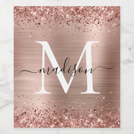 Roos Gold Glitter geborsteld Metaal Monogram Manus Wijn Etiket (Enkel label)
