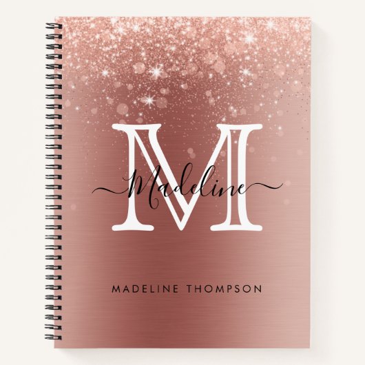 Roos Gold Glitter geborsteld Metaal Roze Monogram Notitieboek (Voorkant)