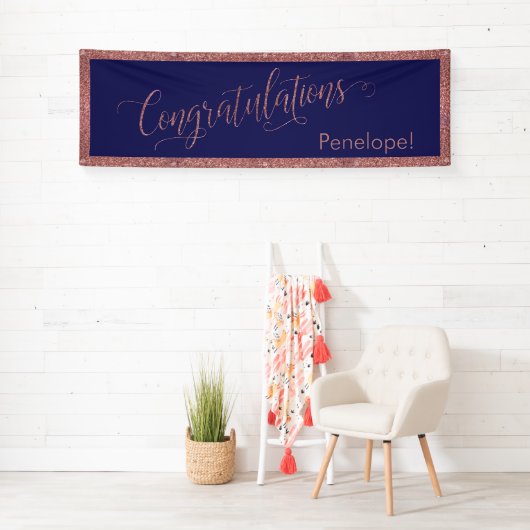Roos Gold Glitter Gefeliciteerd Typografie Navy Spandoek (Insitu)