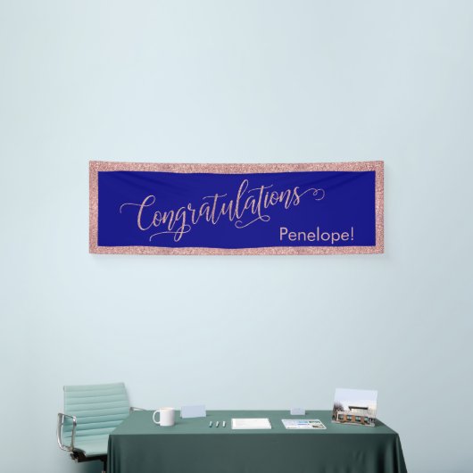 Roos Gold Glitter Gefeliciteerd Typografie Navy Spandoek (Beurs)