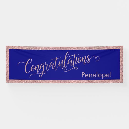 Roos Gold Glitter Gefeliciteerd Typografie Navy Spandoek (Horizontaal)