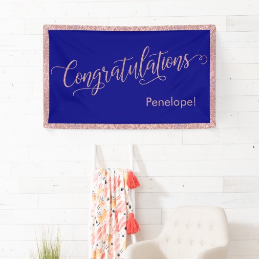 Roos Gold Glitter Gefeliciteerd Typografie Navy Spandoek (Insitu)
