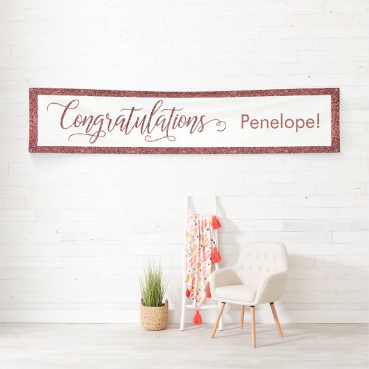 Roos Gold Glitter Gefeliciteerd Typografie Wit Spandoek (Insitu)