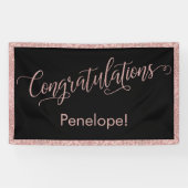 Roos Gold Glitter Gefeliciteerd Typografie Zwart Spandoek (Horizontaal)