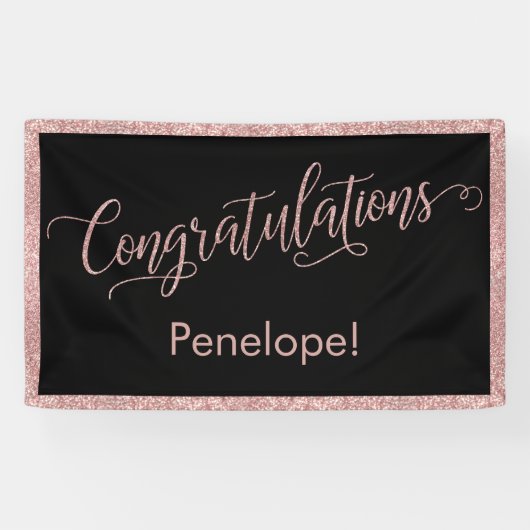 Roos Gold Glitter Gefeliciteerd Typografie Zwart Spandoek (Horizontaal)