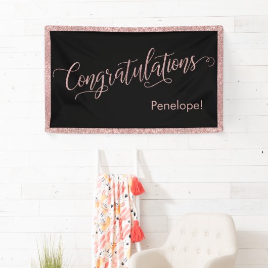 Roos Gold Glitter Gefeliciteerd Typografie Zwart Spandoek (Insitu)