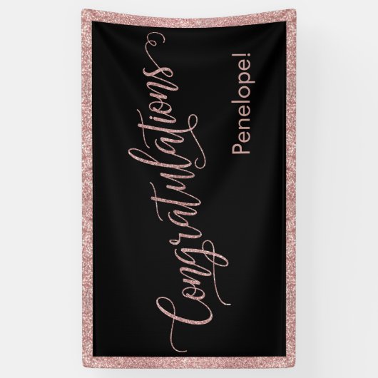 Roos Gold Glitter Gefeliciteerd Typografie Zwart Spandoek (Verticaal)