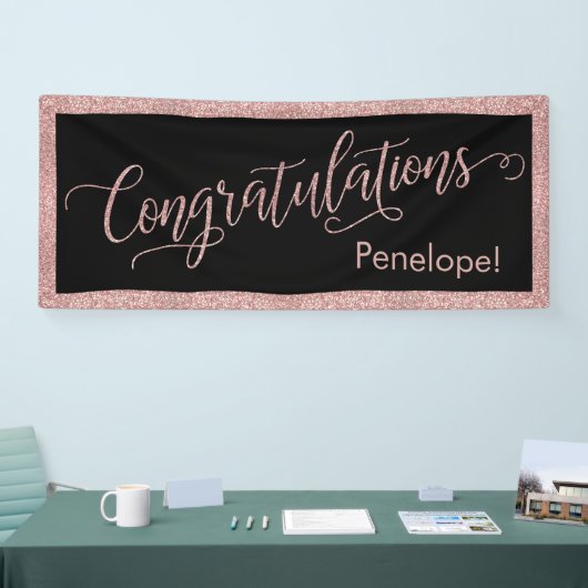 Roos Gold Glitter Gefeliciteerd Typografie Zwart Spandoek (Beurs)