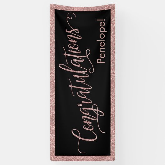 Roos Gold Glitter Gefeliciteerd Typografie Zwart Spandoek (Verticaal)