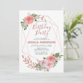 Roos Gold Glitter Geometric Floral Birthday Party Kaart (Staand voorkant)
