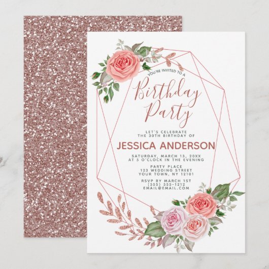 Roos Gold Glitter Geometric Floral Birthday Party Kaart (Voorkant / Achterkant)