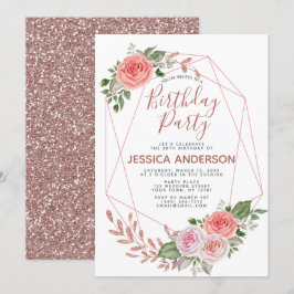 Roos Gold Glitter Geometric Floral Birthday Party Kaart