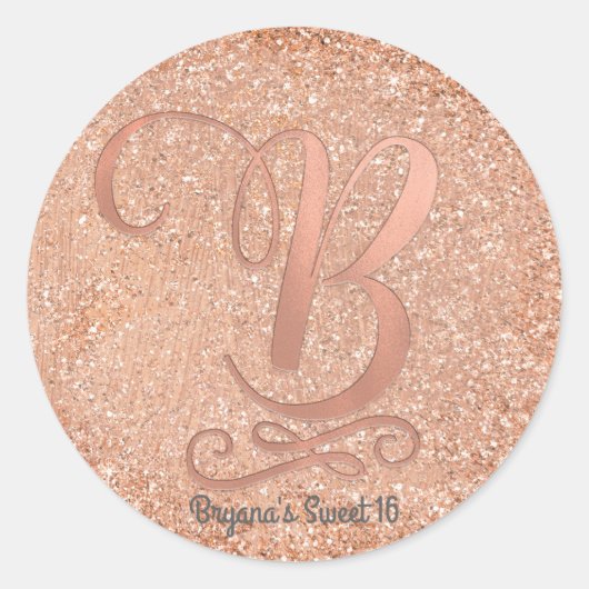 Roos Gold Glitter Gepersonaliseerd Initiaal Letter Ronde Sticker (Voorkant)