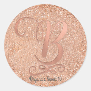 Roos Gold Glitter Gepersonaliseerd Initiaal Letter Ronde Sticker