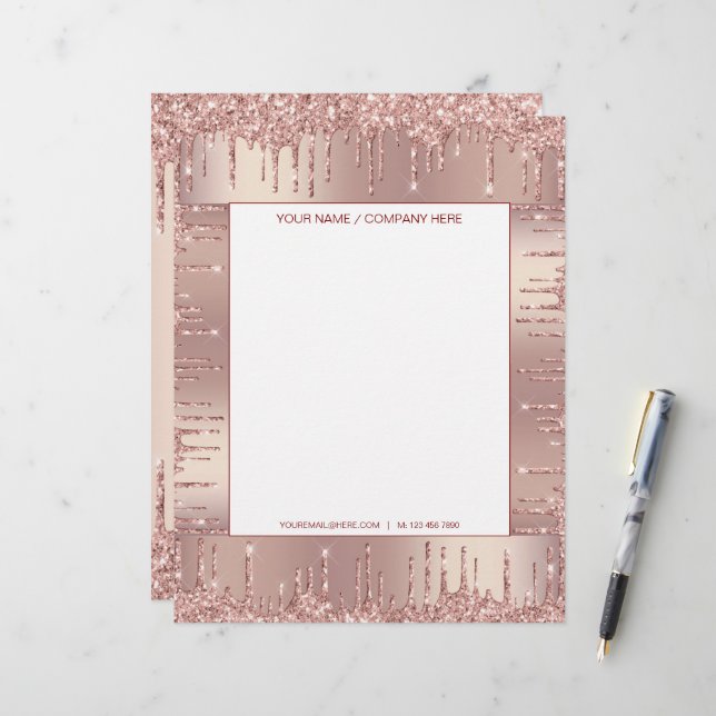 Roos Gold Glitter Gepersonaliseerde Letterhead Briefhoofd (Voorkant / Achterkant in situ)