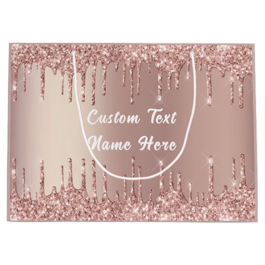 Roos Gold Glitter Gift Bag met aangepaste tekstnaa Groot Cadeauzakje (Voorkant)