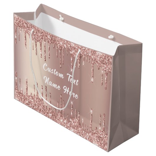 Roos Gold Glitter Gift Bag met aangepaste tekstnaa Groot Cadeauzakje (Voorkant Gekanteld)