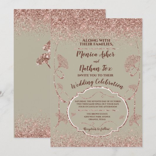 Roos Gold Glitter Gingko Leaves on Grey Mist (Voorkant / Achterkant)