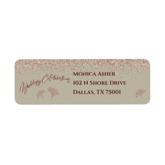 Roos Gold Glitter Gingko Leaves on Grey Mist Etiket (Voorkant)