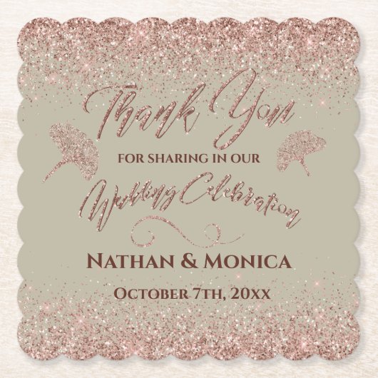 Roos Gold Glitter Gingko Leaves on Grey Mist Kartonnen Onderzetters (Voorkant)