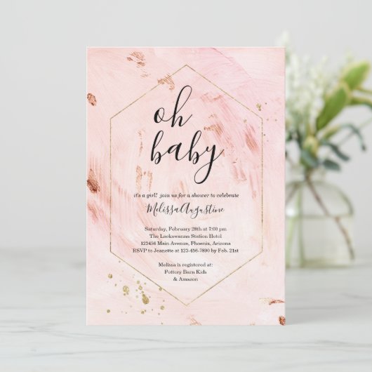 Roos Gold Glitter Girls Baby shower Invitation Kaart (Staand voorkant)