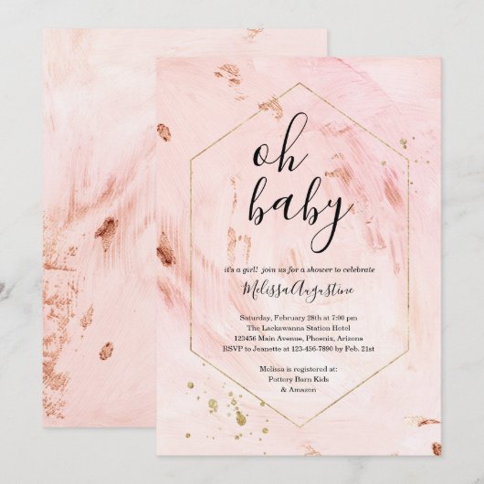 Roos Gold Glitter Girls Baby shower Invitation Kaart (Voorkant / Achterkant)