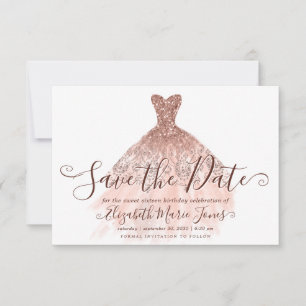 Roos Gold Glitter Girly Dress Sweet 16 verjaardag Save The Date