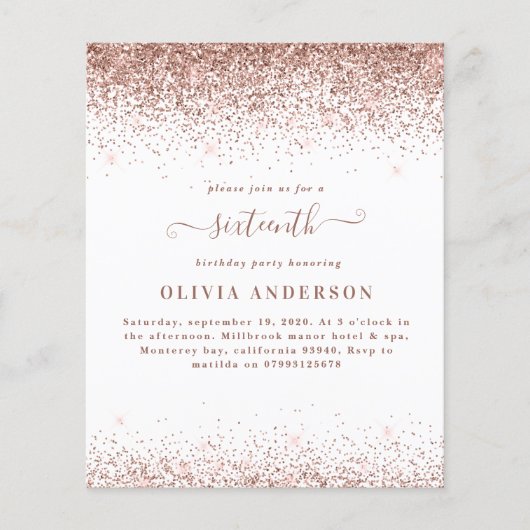 Roos Gold glitter girly script 16 verjaardagsbudge (Voorkant)