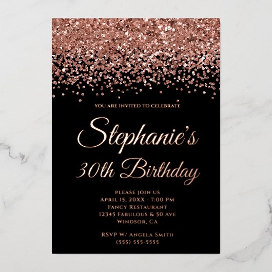 Roos Gold Glitter Glam Black 30th Birthday Folie Uitnodiging (Voorkant)