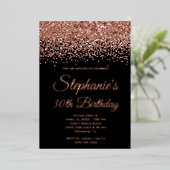 Roos Gold Glitter Glam Black 30th Birthday Folie Uitnodiging (Staand Voorkant)